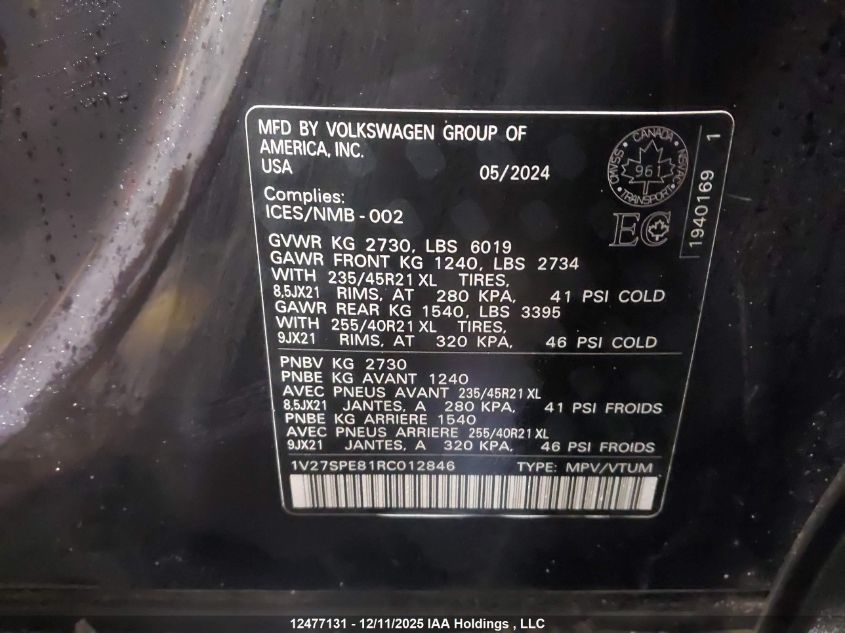 2024 Volkswagen Id.4 Pro VIN: 1V27SPE81RC012846 Lot: 12477131