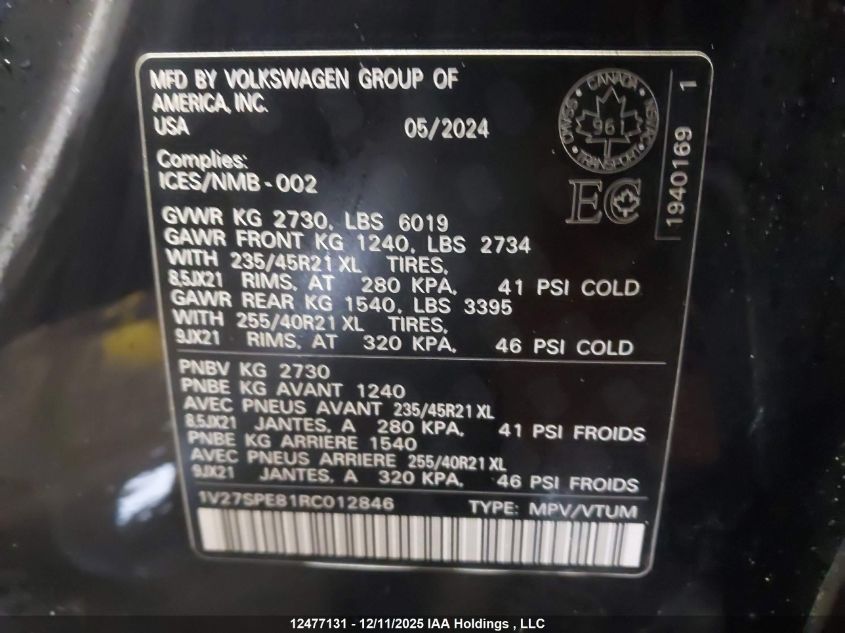 2024 Volkswagen Id.4 Pro VIN: 1V27SPE81RC012846 Lot: 12477131