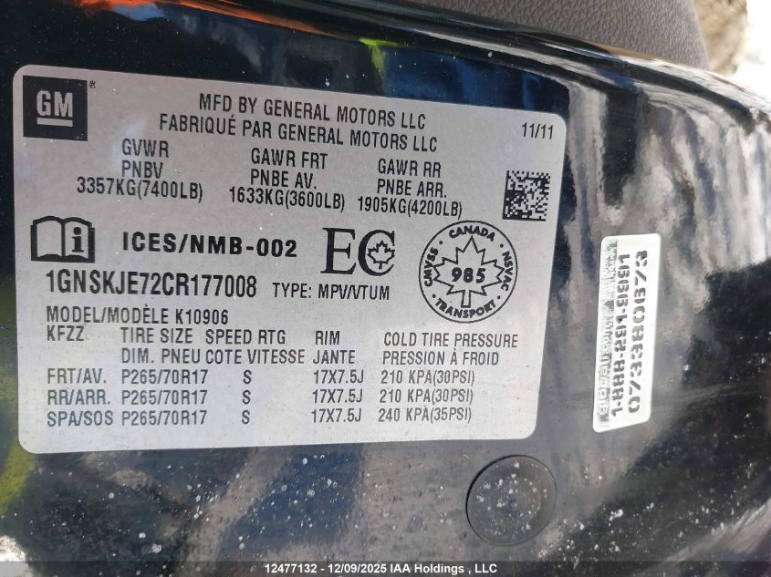 2012 Chevrolet Suburban 1500 Lt VIN: 1GNSKJE72CR177008 Lot: 12477132