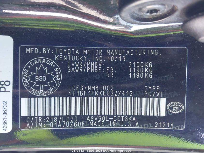 2014 Toyota Camry Se VIN: 4T1BF1FKXEU327412 Lot: 12477133