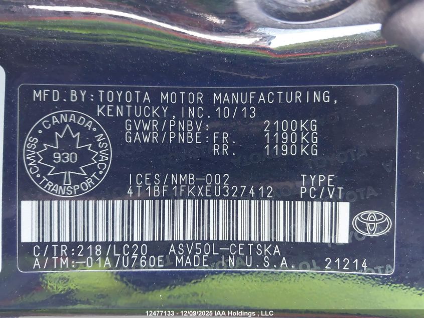 2014 Toyota Camry Se VIN: 4T1BF1FKXEU327412 Lot: 12477133