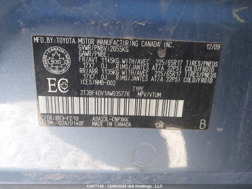 2010 Toyota Rav4 VIN: 2T3BF4DV1AW035776 Lot: 12477138