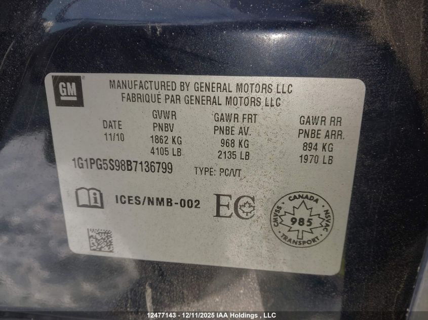 2011 Chevrolet Cruze Lt Turbo VIN: 1G1PG5S98B7136799 Lot: 12477143