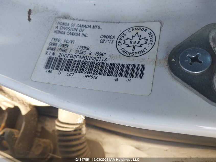 2013 Honda Civic Lx VIN: 2HGFB2F49DH032118 Lot: 12464785X