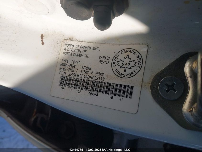 2013 Honda Civic Lx VIN: 2HGFB2F49DH032118 Lot: 12464785X