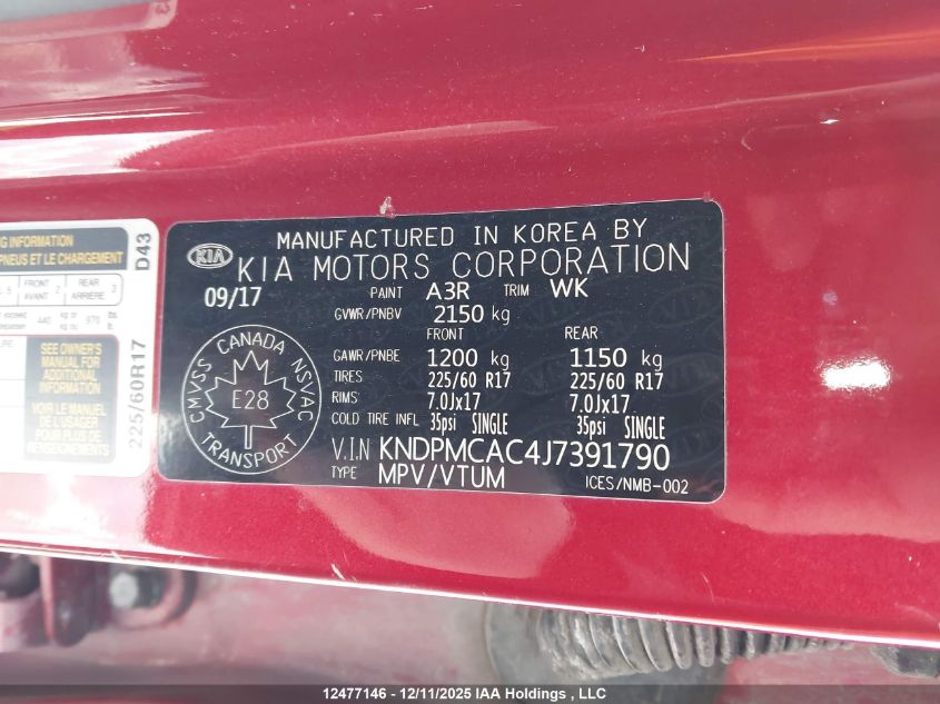 2018 Kia Sportage Lx VIN: KNDPMCAC4J7391790 Lot: 12477146