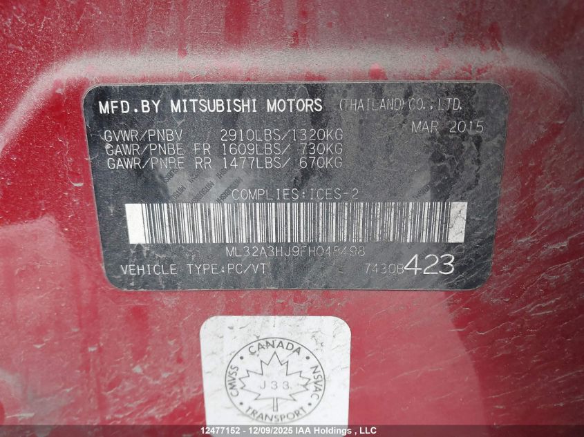 2015 Mitsubishi Mirage De VIN: ML32A3HJ9FH048498 Lot: 12477152