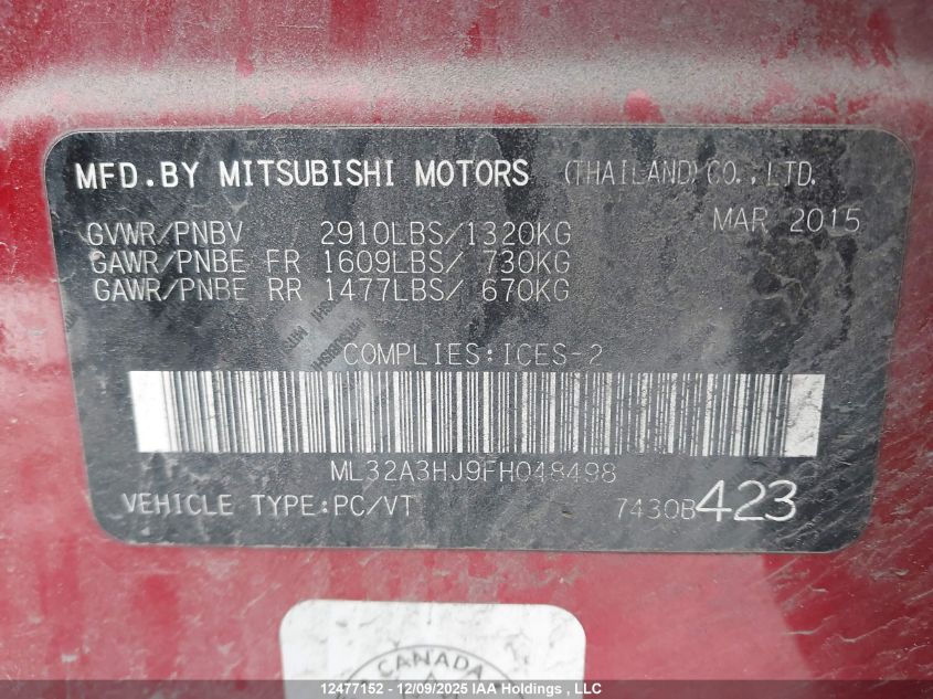 2015 Mitsubishi Mirage De VIN: ML32A3HJ9FH048498 Lot: 12477152