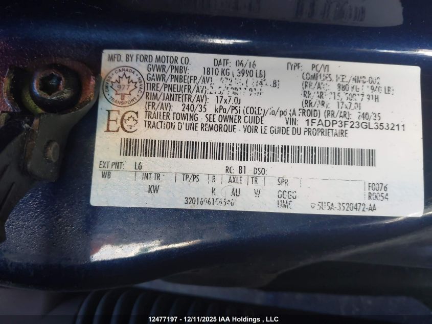 2016 Ford Focus Se VIN: 1FADP3F23GL353211 Lot: 12477197