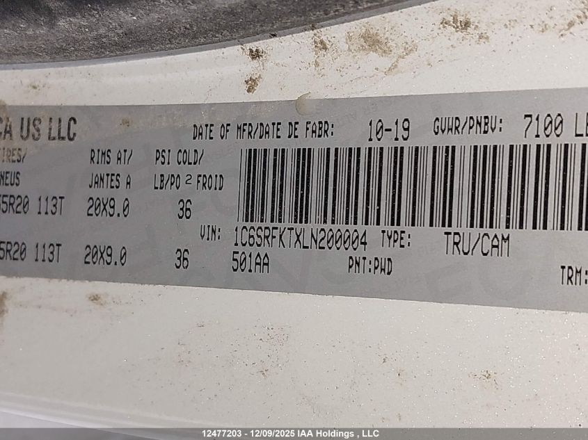 2020 Ram 1500 Longhorn VIN: 1C6SRFKTXLN200004 Lot: 12477203