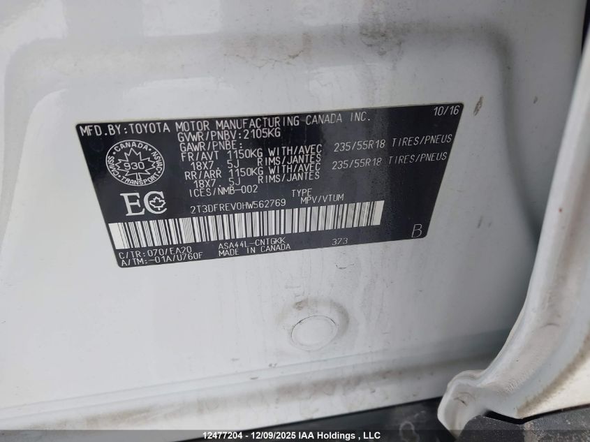 2017 Toyota Rav4 Limited VIN: 2T3DFREV0HW562769 Lot: 12477204