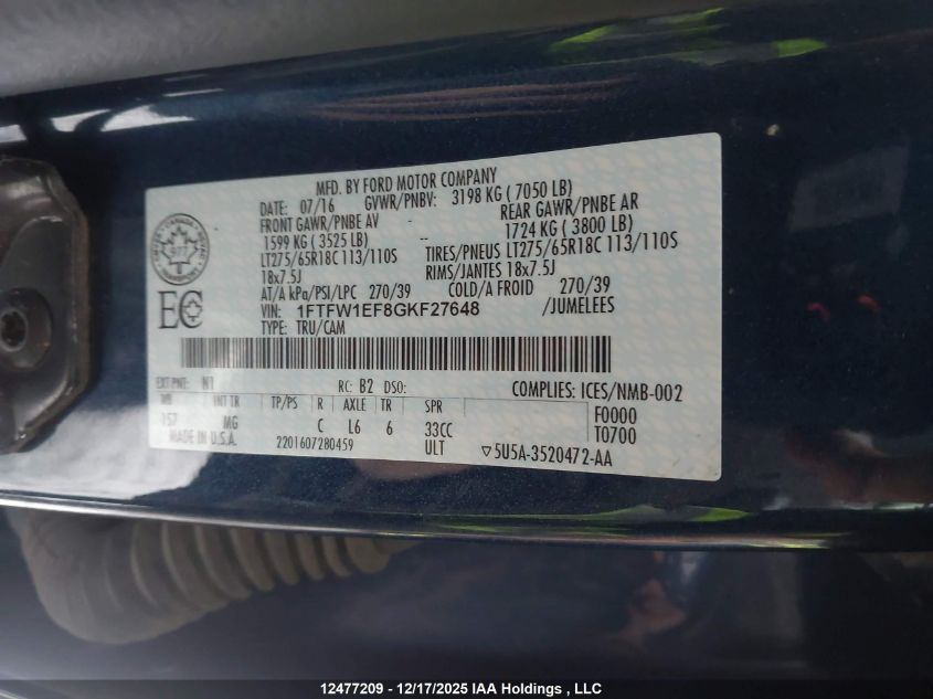 2016 Ford F-150 Xlt VIN: 1FTFW1EF8GKF27648 Lot: 12477209