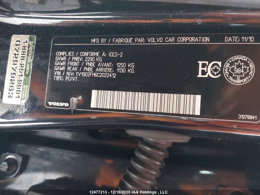 2012 Volvo S60 T6 VIN: YV1902FH6C2022412 Lot: 12477213