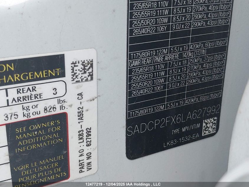 2020 Jaguar F-Pace 25T Checkered Flag VIN: SADCP2FX6LA627992 Lot: 12477219