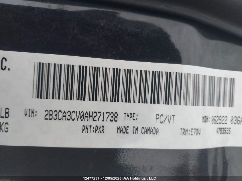 2010 Dodge Charger Sxt VIN: 2B3CA3CV0AH271738 Lot: 12477237