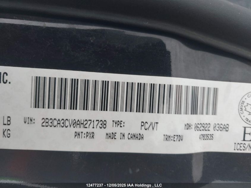 2010 Dodge Charger Sxt VIN: 2B3CA3CV0AH271738 Lot: 12477237