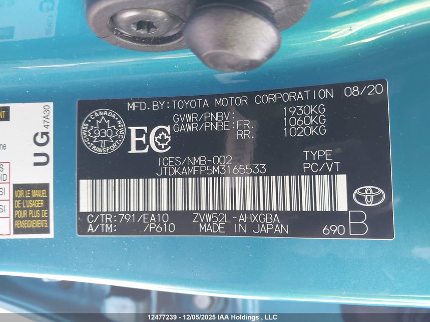 JTDKAMFP5M3165533 2021 TOYOTA PRIUS photo no. 9
