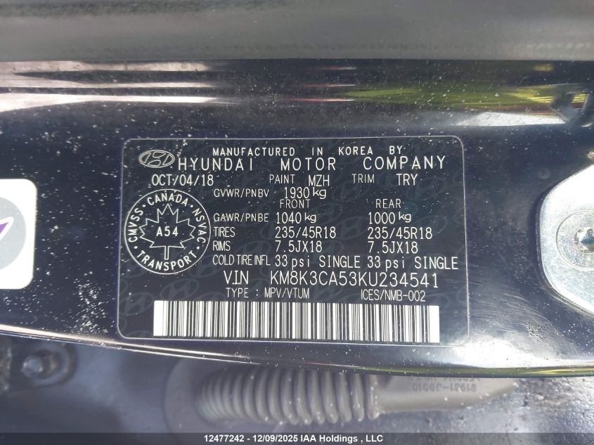 2019 Hyundai Kona 1.6T Trend VIN: KM8K3CA53KU234541 Lot: 12477242