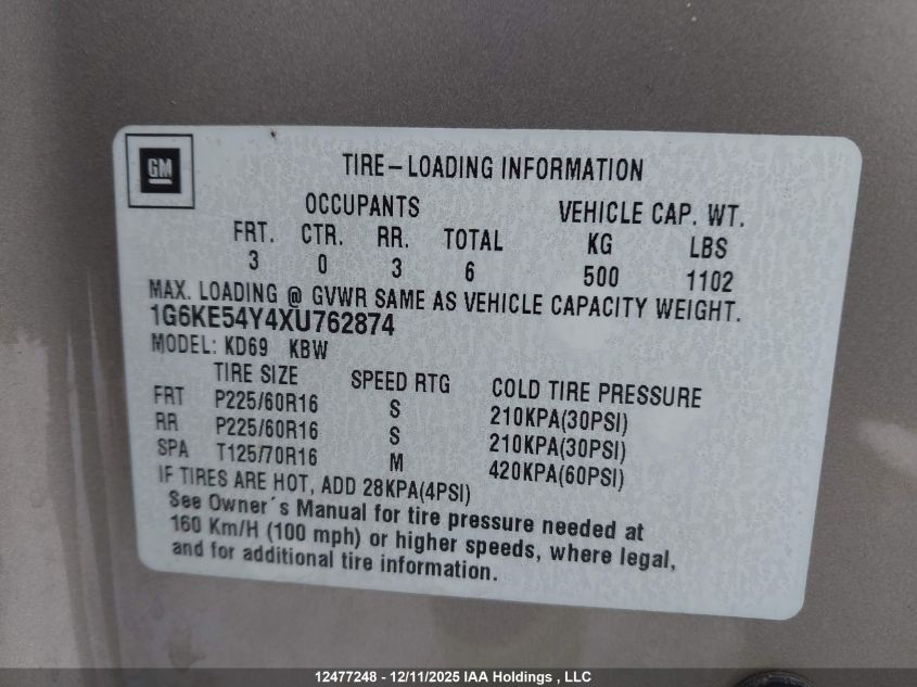 1999 Cadillac Deville D'elegance VIN: 1G6KE54Y4XU762874 Lot: 12477248