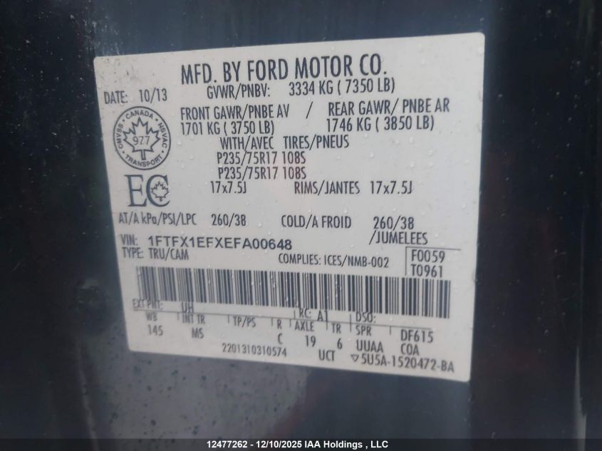 2014 Ford F-150 Xlt VIN: 1FTFX1EFXEFA00648 Lot: 12477262