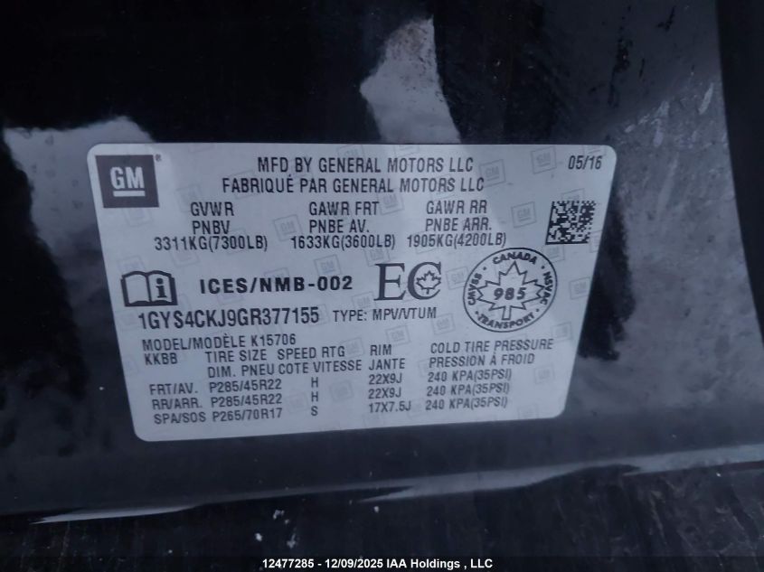 2016 Cadillac Escalade VIN: 1GYS4CKJ9GR377155 Lot: 12477285