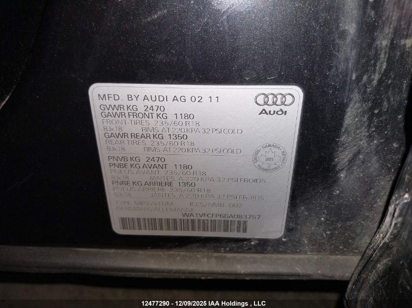 2011 Audi Q5 2.0T Premium Plus VIN: WA1VFCFP6BA083757 Lot: 12477290