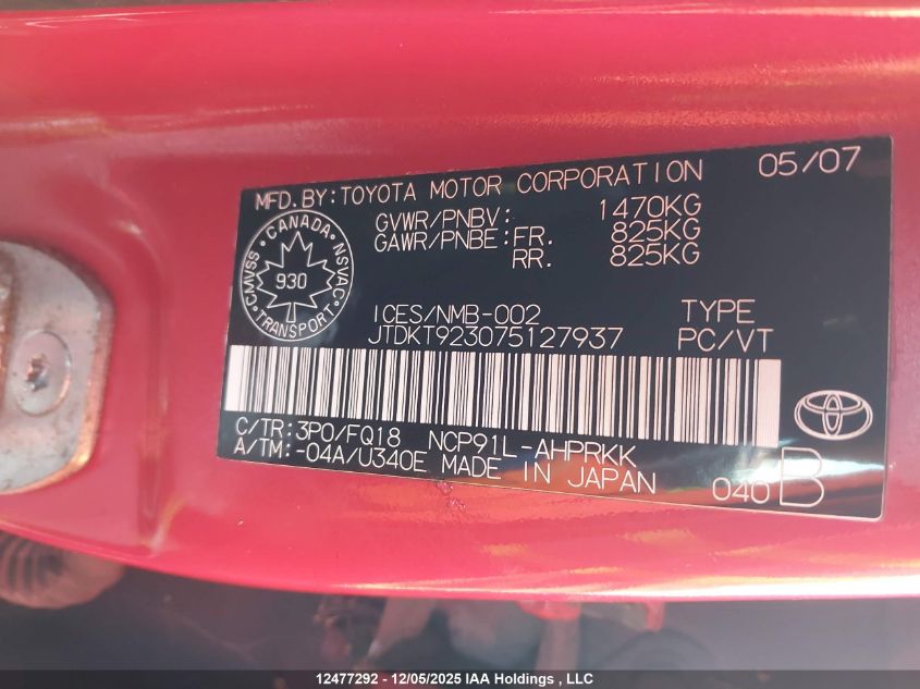 2007 Toyota Yaris VIN: JTDKT923075127937 Lot: 12477292