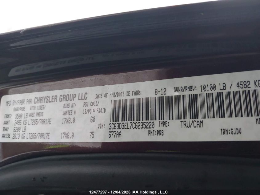 2012 Ram 3500 Laramie VIN: 3C63D3EL7CG235220 Lot: 12477297