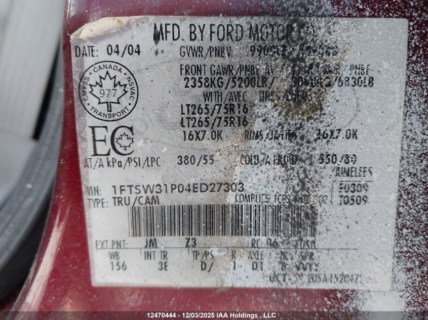 2004 Ford F-350 Lariat/Xl/Xlt VIN: 1FTSW31P04ED27303 Lot: 12470444X