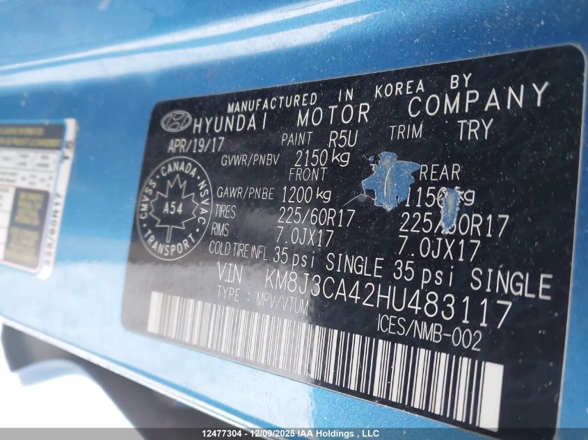 2017 Hyundai Tucson Se VIN: KM8J3CA42HU483117 Lot: 12477304