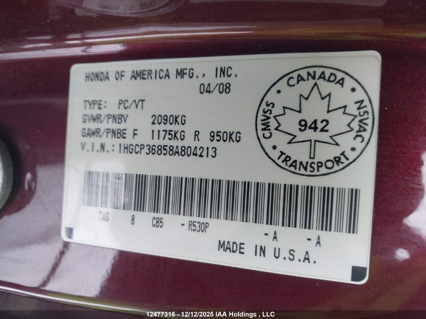 2008 Honda Accord Ex-L V6 VIN: 1HGCP36858A804213 Lot: 12477315