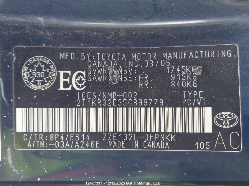 2005 Toyota Corolla Matrix Xr VIN: 2T1KR32E35C899779 Lot: 12477317
