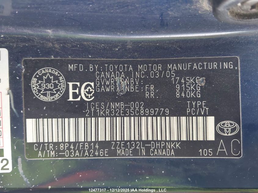 2005 Toyota Corolla Matrix Xr VIN: 2T1KR32E35C899779 Lot: 12477317