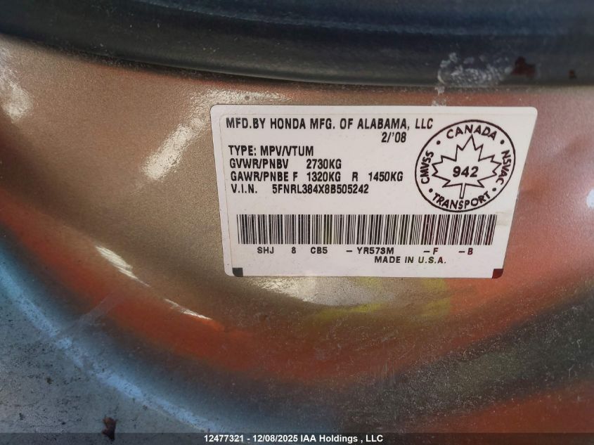 2008 Honda Odyssey VIN: 5FNRL384X8B505242 Lot: 12477321