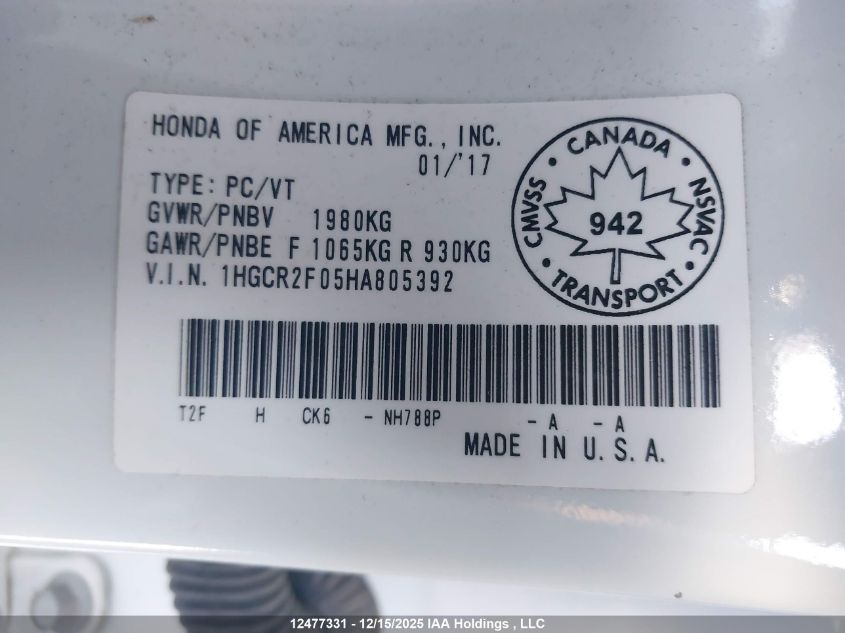 2017 Honda Accord Touring VIN: 1HGCR2F05HA805392 Lot: 12477331