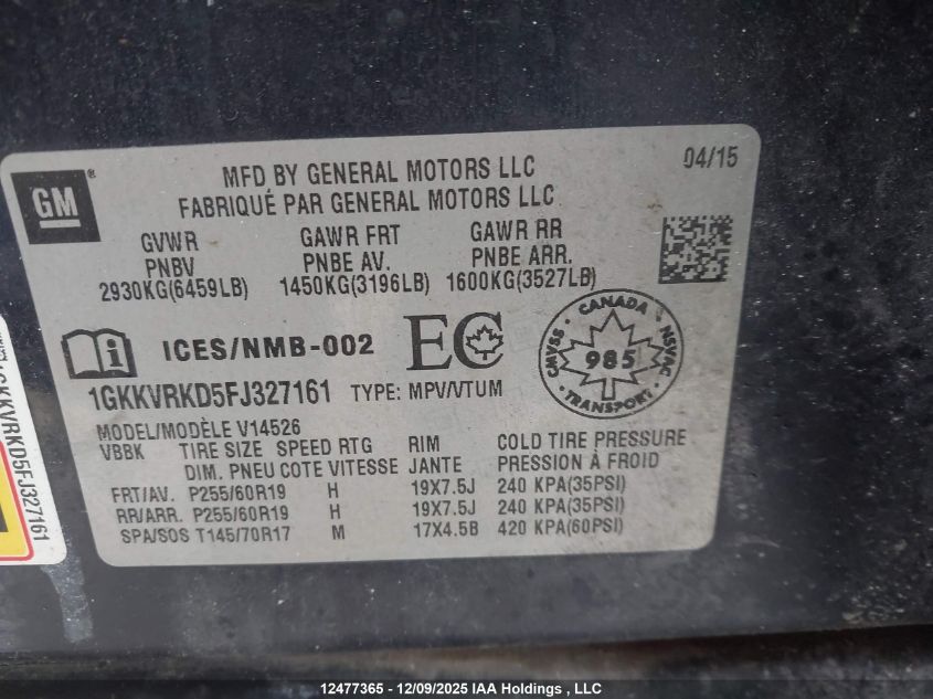 2015 GMC Acadia Slt1 VIN: 1GKKVRKD5FJ327161 Lot: 12477365