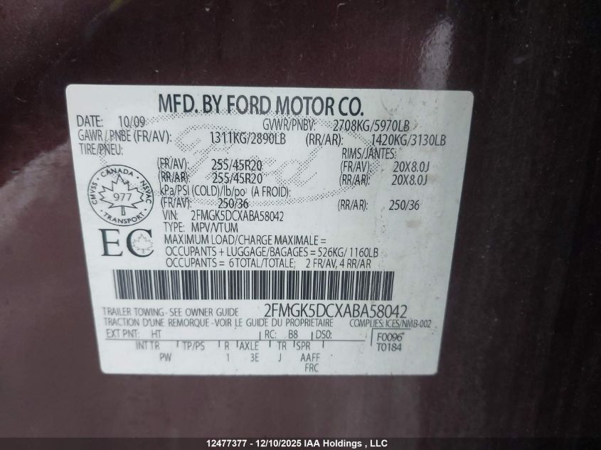 2010 Ford Flex VIN: 2FMGK5DCXABA58042 Lot: 12477377