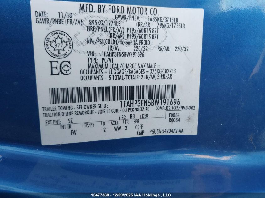 2011 Ford Focus Se VIN: 1FAHP3FN5BW191696 Lot: 12477380