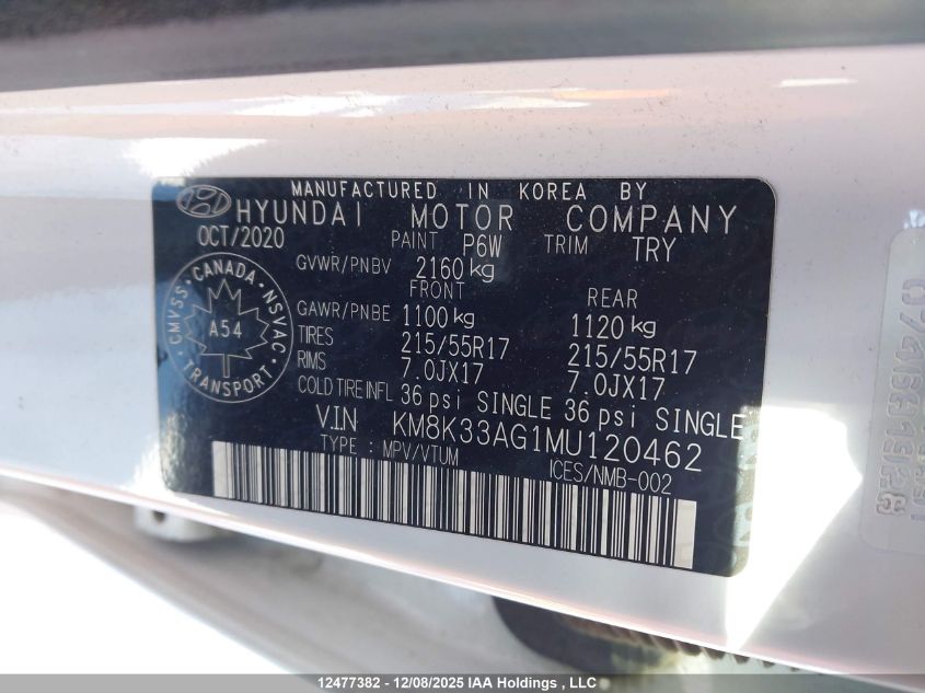 2021 Hyundai Kona Electric Ultimate VIN: KM8K33AG1MU120462 Lot: 12477382