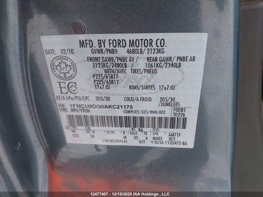 1FMCU9DG0AKC21175 2010 FORD ESCAPE photo no. 9