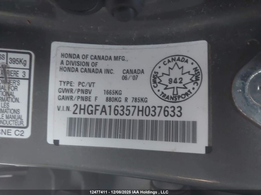 2007 Honda Civic Dx-G VIN: 2HGFA16357H037633 Lot: 12477411