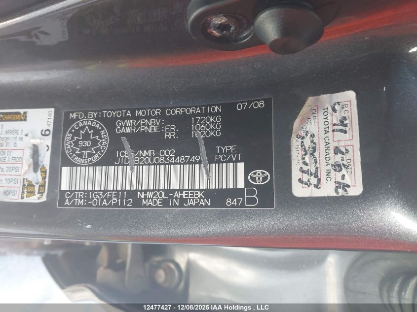 2008 Toyota Prius VIN: JTDKB20U083448749 Lot: 12477427