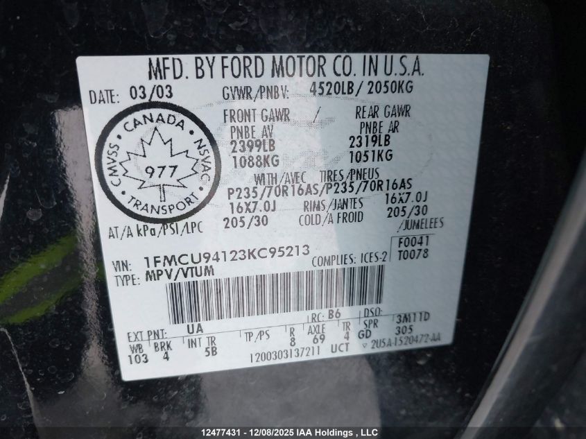 2003 Ford Escape Limited VIN: 1FMCU94123KC95213 Lot: 12477431