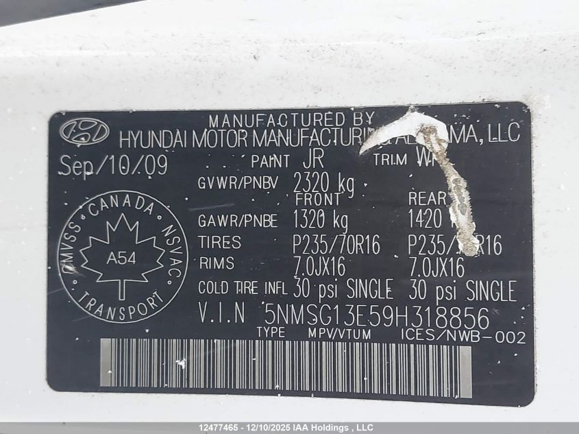 2009 Hyundai Santa Fe VIN: 5NMSG13E59H318856 Lot: 12477465