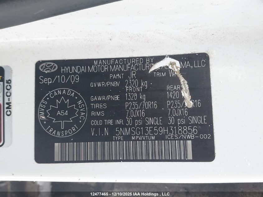 2009 Hyundai Santa Fe VIN: 5NMSG13E59H318856 Lot: 12477465