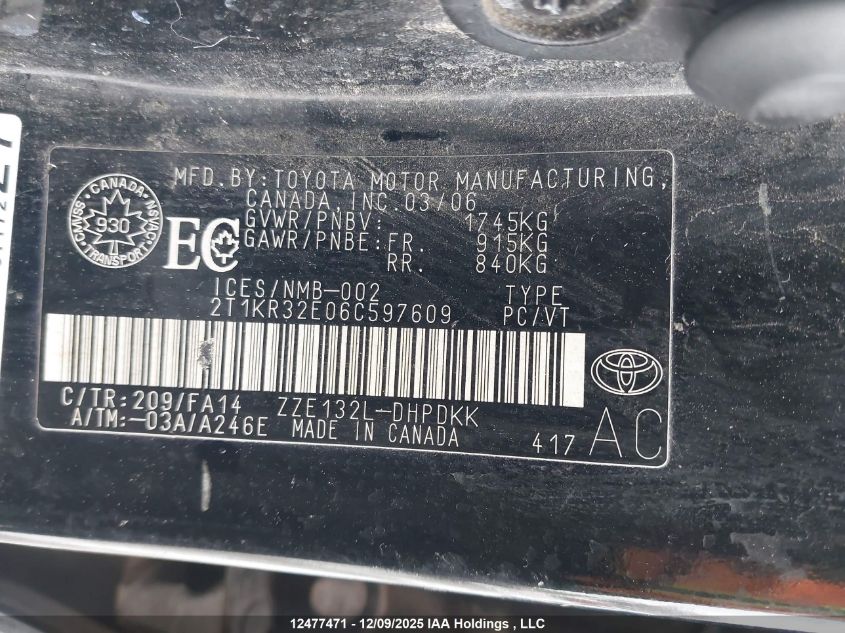 2006 Toyota Matrix Xr/Xrs VIN: 2T1KR32E06C597609 Lot: 12477471