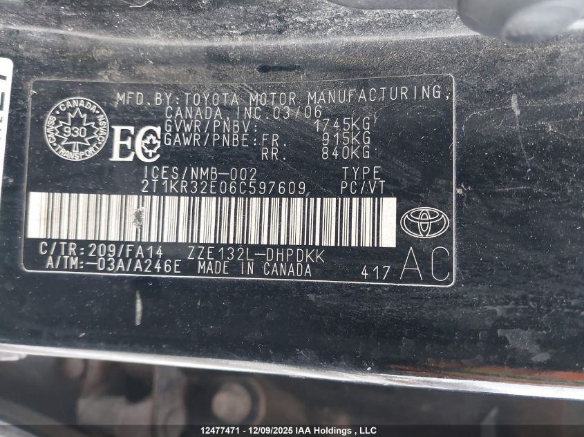 2006 Toyota Matrix Xr/Xrs VIN: 2T1KR32E06C597609 Lot: 12477471