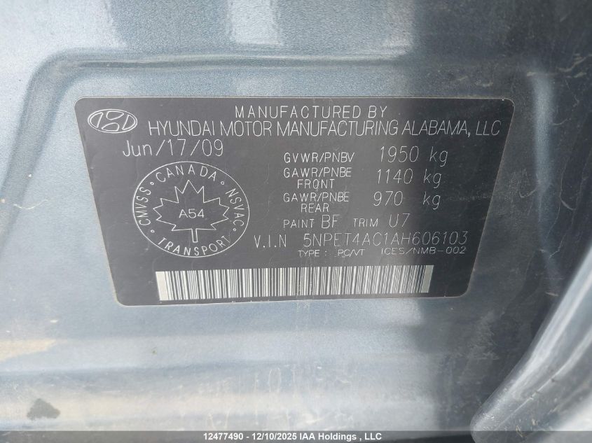 2010 Hyundai Sonata Gls VIN: 5NPET4AC1AH606103 Lot: 12477490