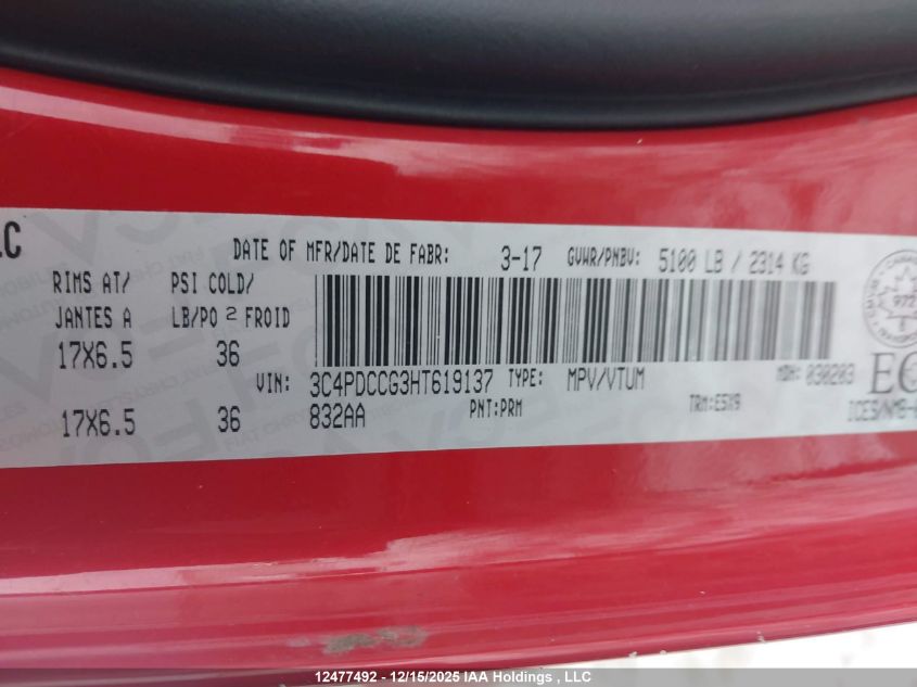 2017 Dodge Journey Sxt VIN: 3C4PDCCG3HT619137 Lot: 12477492