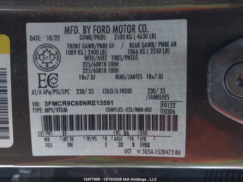 2022 Ford Bronco Sport Outer Banks VIN: 3FMCR9C65NRE13591 Lot: 12477509